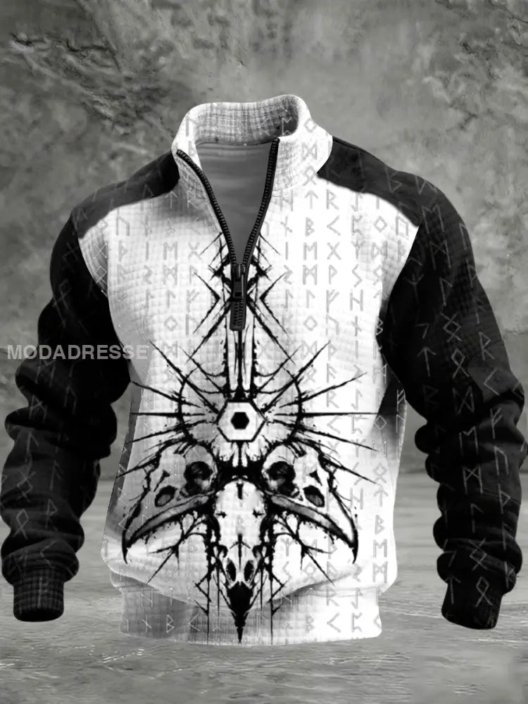 Mäns mörka skull rune utskrift svart-vit kviltad halv-Zip Hoodie. flerlog / S