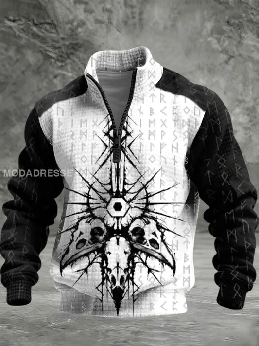 Mäns mörka skull rune utskrift svart-vit kviltad halv-Zip Hoodie. flerlog / S