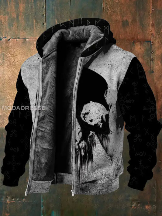 Mäns mörka splatter Viking Skull Print Sherpa linned Jacka flerlog / S