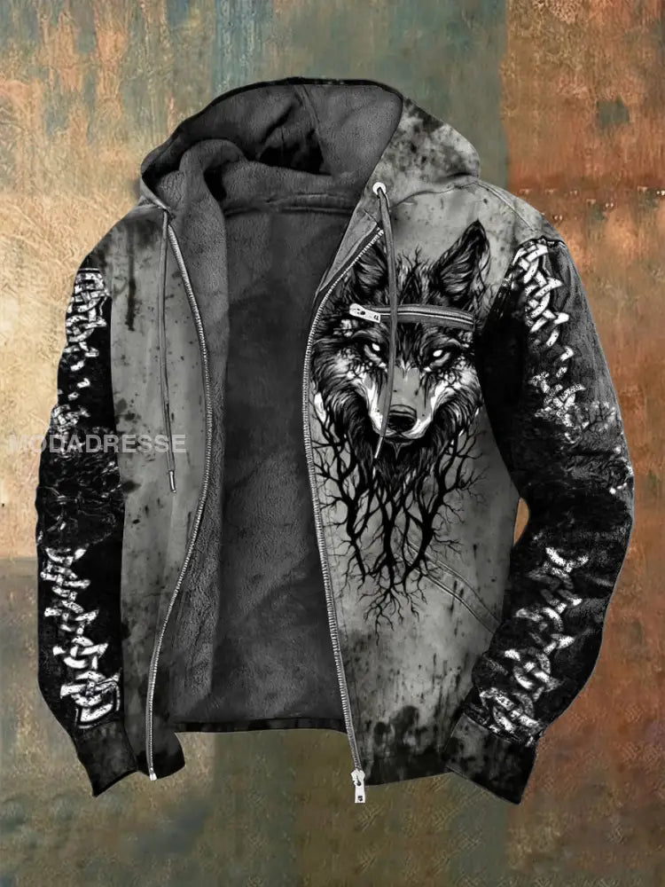 Mäns mörka splatter Viking Wolf & Rötter Skriv ut Sherpa linned Jacka flerlog / S
