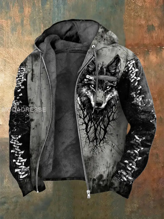 Mäns mörka splatter Viking Wolf & Rötter Skriv ut Sherpa linned Jacka flerlog / S