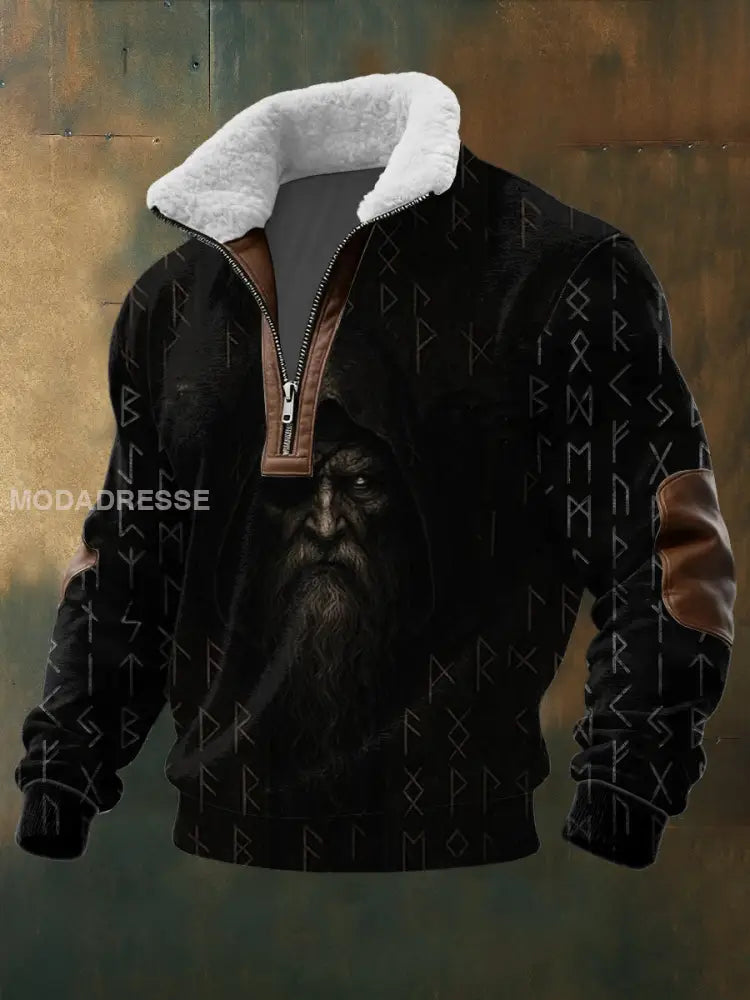 Mäns mystiska viking skäggig figur & rune Print Sherpa krage pullover Hoodie Sherpa flerlog / S