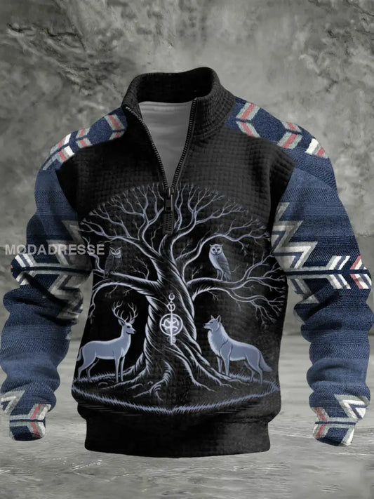 Mäns mystiska Yggdrasil träd utskrift färg-block kviltad halv-Zip Hoodie Print flerlog / S