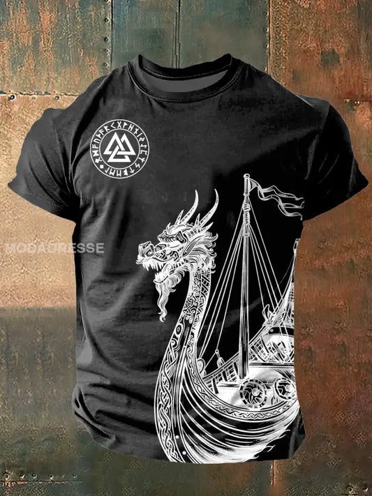 Mäns Norge Dragon Ship Skriv ut Vintage Mode kort ärm T-shirt S
