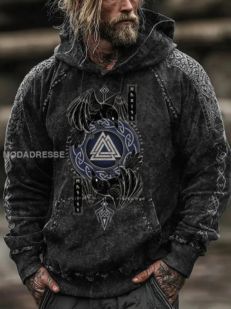 Mäns orolig Valknut & Raven Viking Hoodie Vikinga flerlog / S
