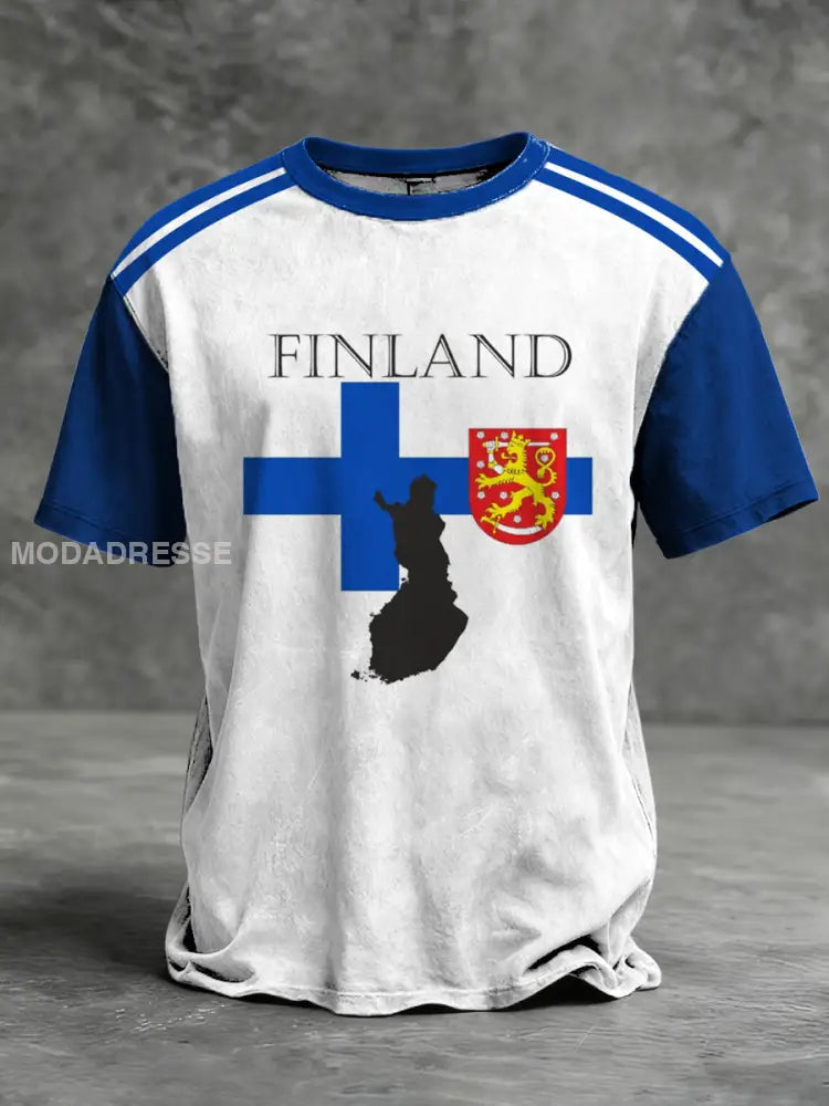 Mäns oroliga vit-blå ’FINLAND’ Flagg & Lion Crest Raglan T-shirt flerlog / S
