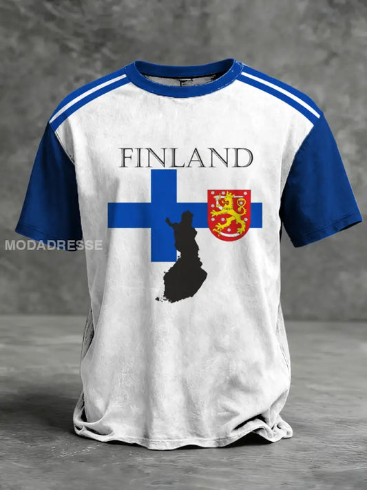 Mäns oroliga vit-blå ’FINLAND’ Flagg & Lion Crest Raglan T-shirt flerlog / S