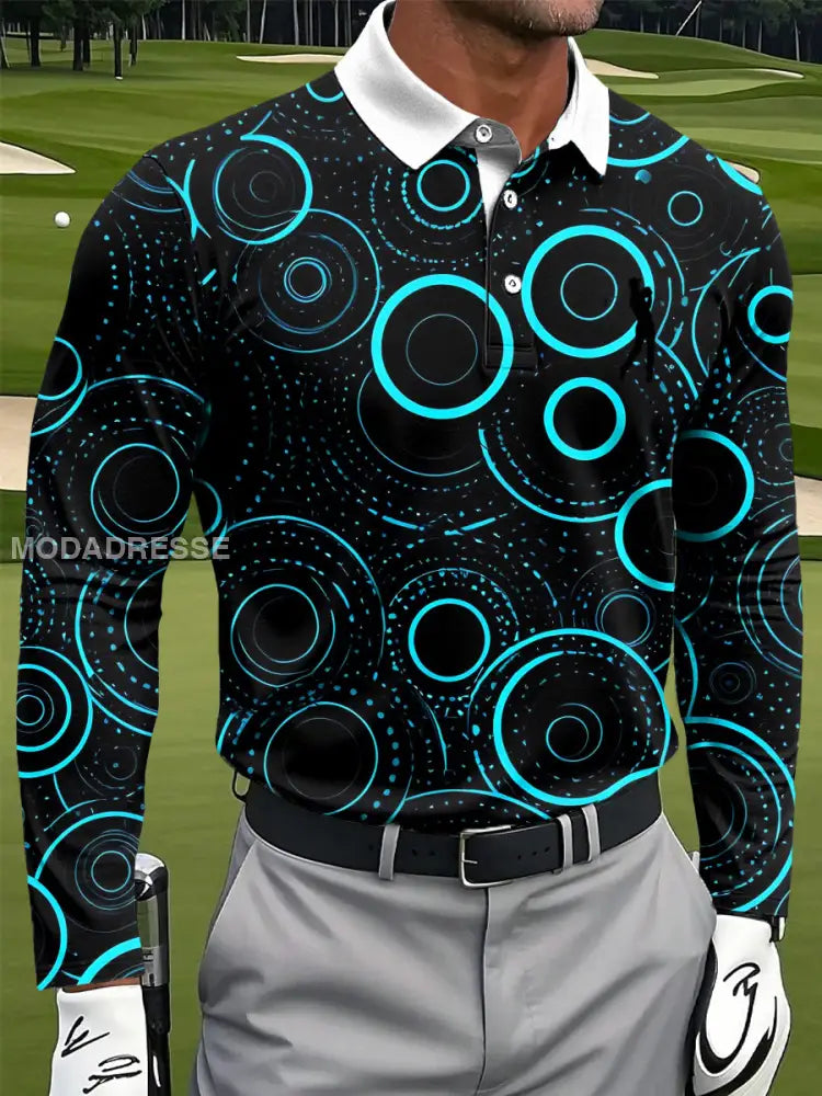 Mäns Retro Abstract Cirkel Art Print Casual Lång ärm Polo tröj flerlog / S