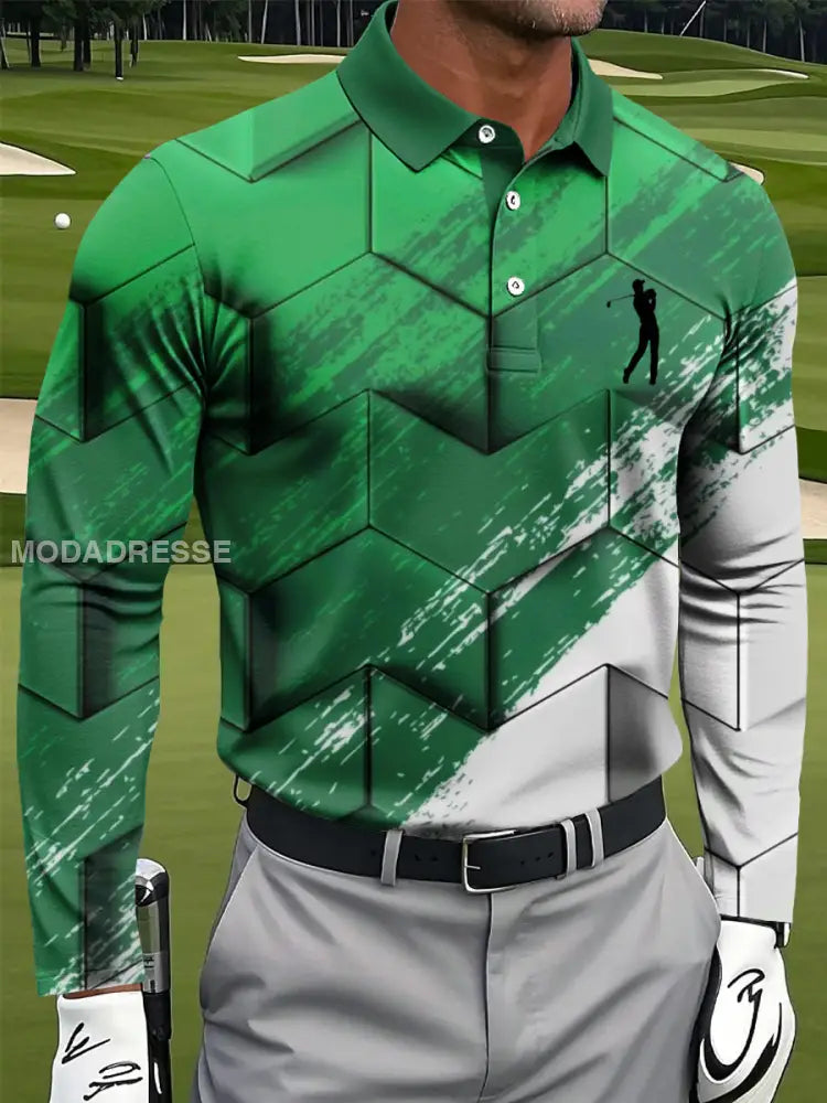 Mäns Retro Abstract Geometrisk konst Skriv ut Casual Business Långärmad Polo tröj flerlog / S