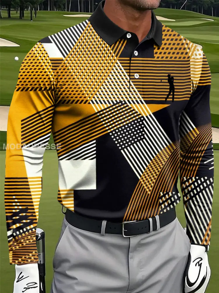Mäns Retro Abstract linje Geometrisk konst Skriv ut Casual Business Lång ärm Polo tröj flerlog / S
