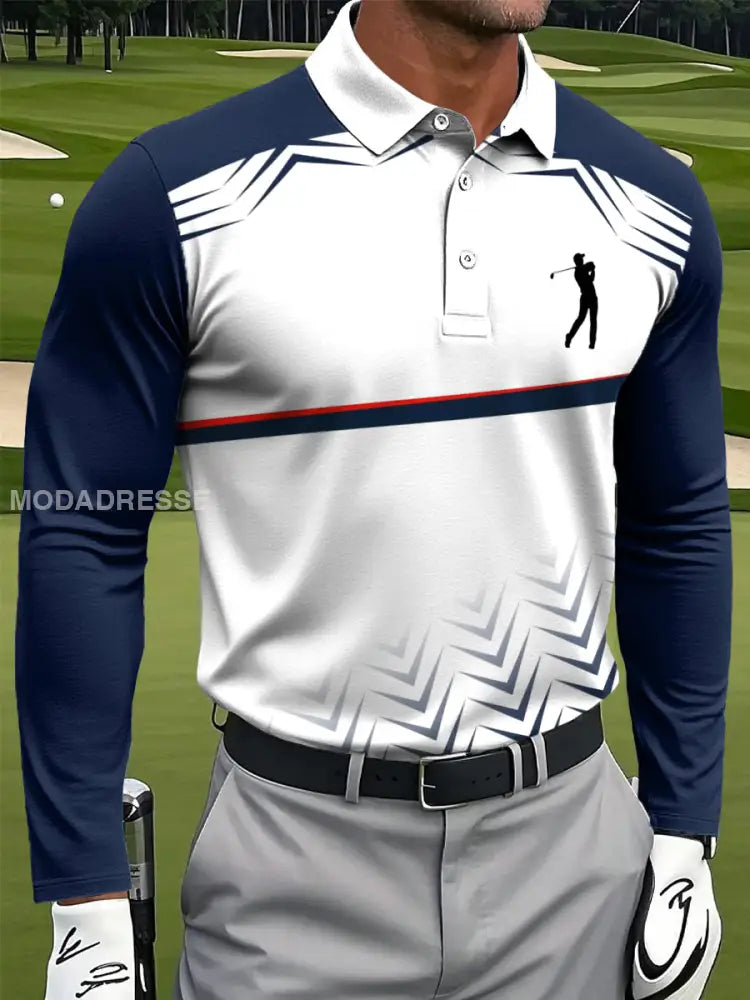 Mäns Retro Abstract linje Geometrisk konst Skriv ut Casual Business Lång ärm Polo tröj flerlog / S