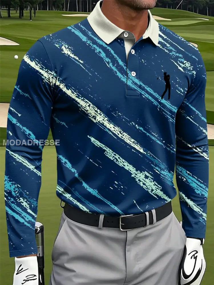 Mäns Retro Abstract linje Graffiti Konst Skriv ut Casual Business Lång ärm Polo tröj flerlog / S