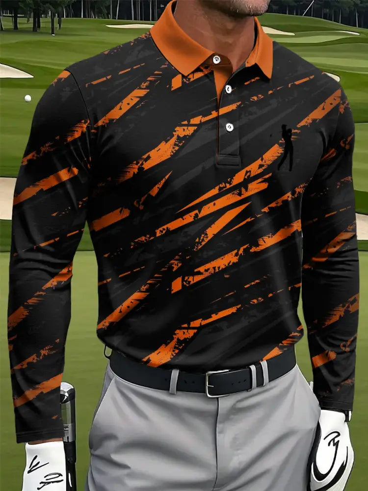 Mäns Retro Abstract Linje Konst Skriv ut Casual Business Lång ärm Polo tröj flerlog / S