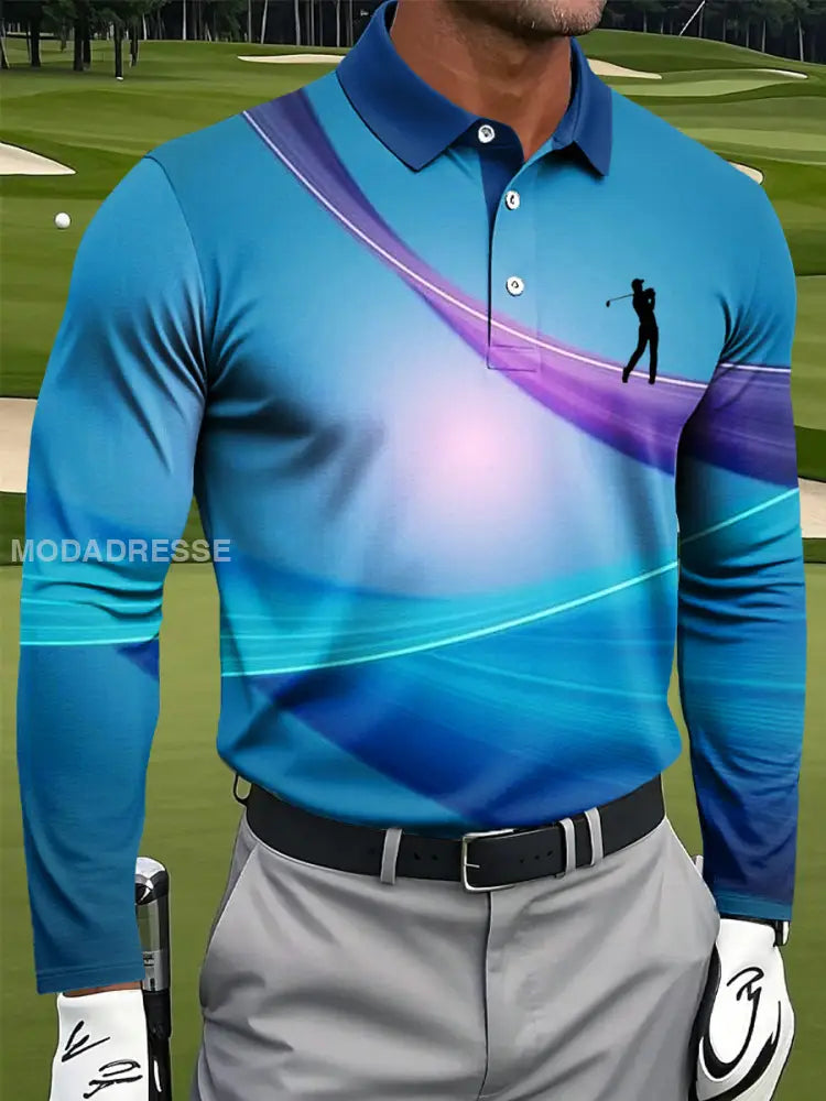 Mäns Retro Abstract Linje Konst Skriv ut Casual långärmad Polo tröj flerlog / S