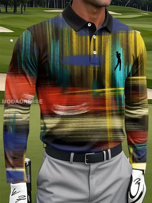 Mäns Retro Abstract Plaid Art Print Casual Lång ärm Polo tröj flerlog / S