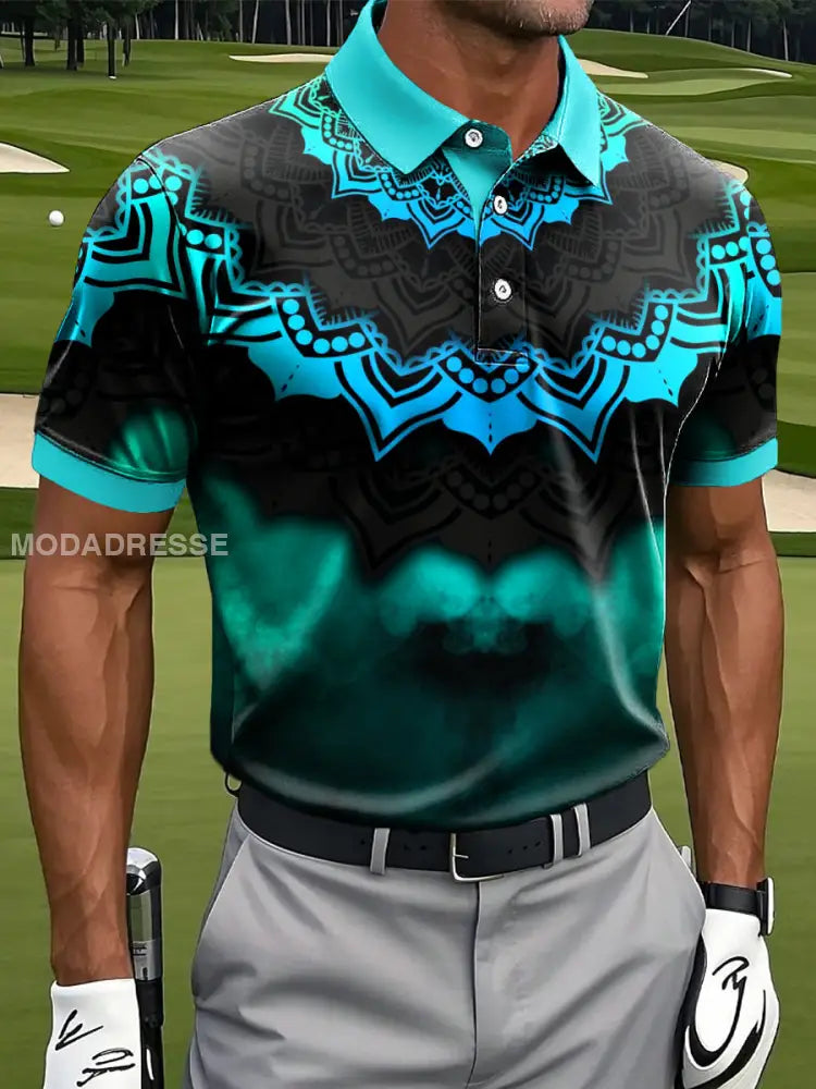 Mäns Retro Abstract Symmetrisk Mandala Konst Skriv ut Casual Business Polo tröj flerlog / S