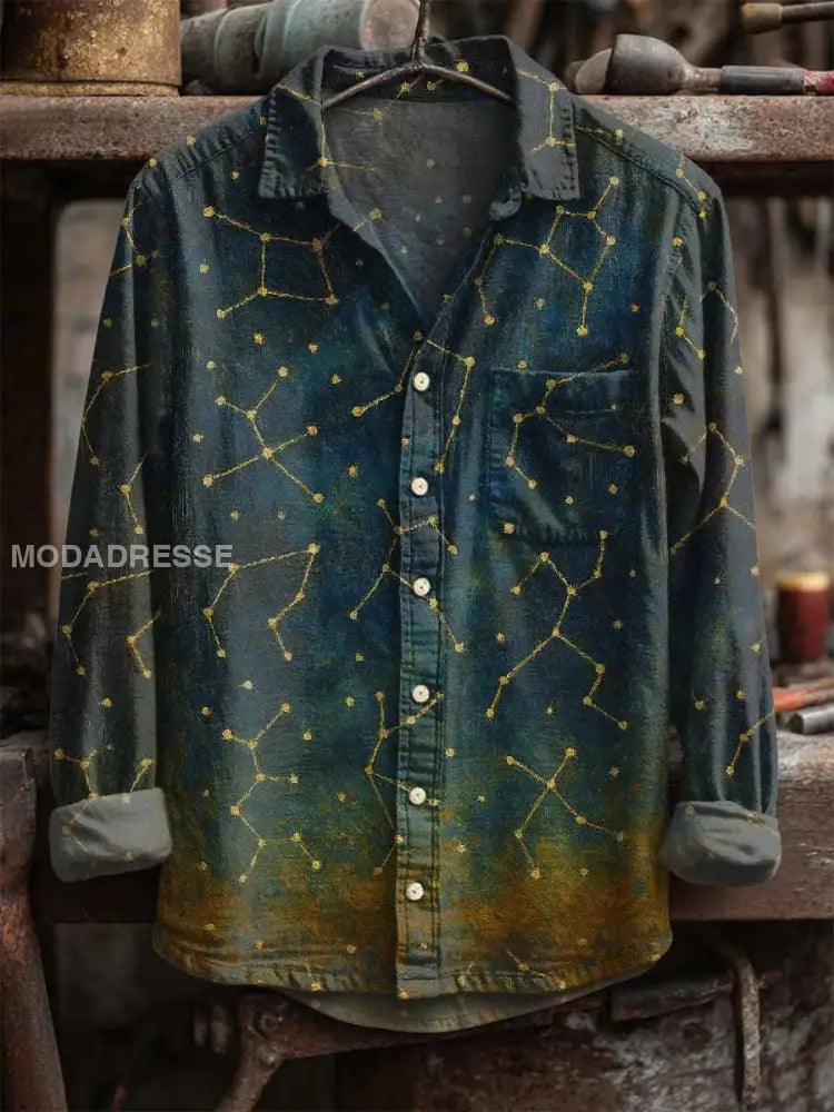 Mäns Retro Constellation Skriv ut lång ärm skjorta som bild / S