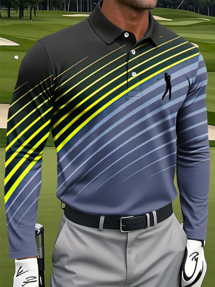 Mäns Retro färg Gradient Stridiga Print Casual Business Långärmad Polo tröj flerlog / S