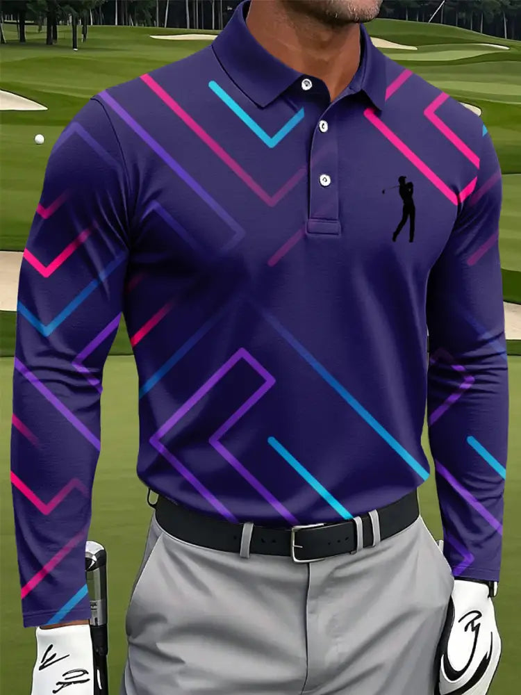 Mäns Retro färg linje konst Skriv ut Casual Business Lång ärm Polo tröj flerlog / S