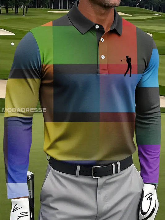 Mäns Retro färg Plaid konst Print Casual Lång ärm Polo tröj flerlog / S