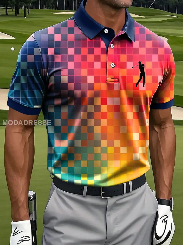 Mäns Retro färgglada Checkered Artistic Print Casual Business Polo tröj S