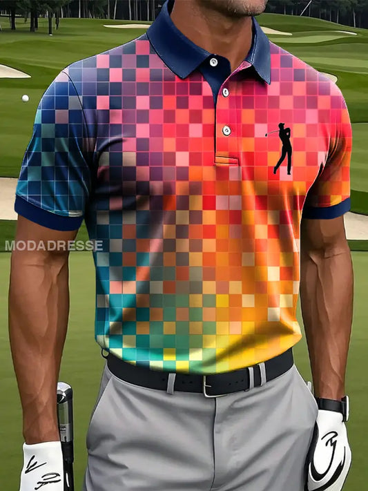 Mäns Retro färgglada Checkered Artistic Print Casual Business Polo tröj S