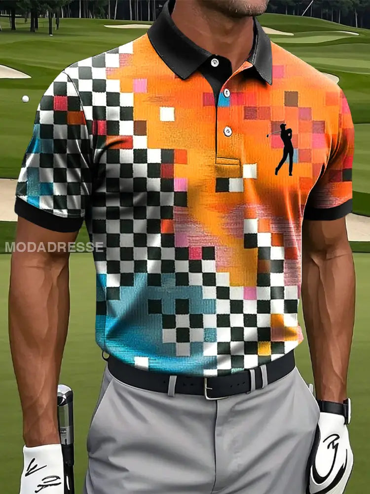 Mäns Retro färgglada Checkered Artistic Print Casual Business Polo tröj S