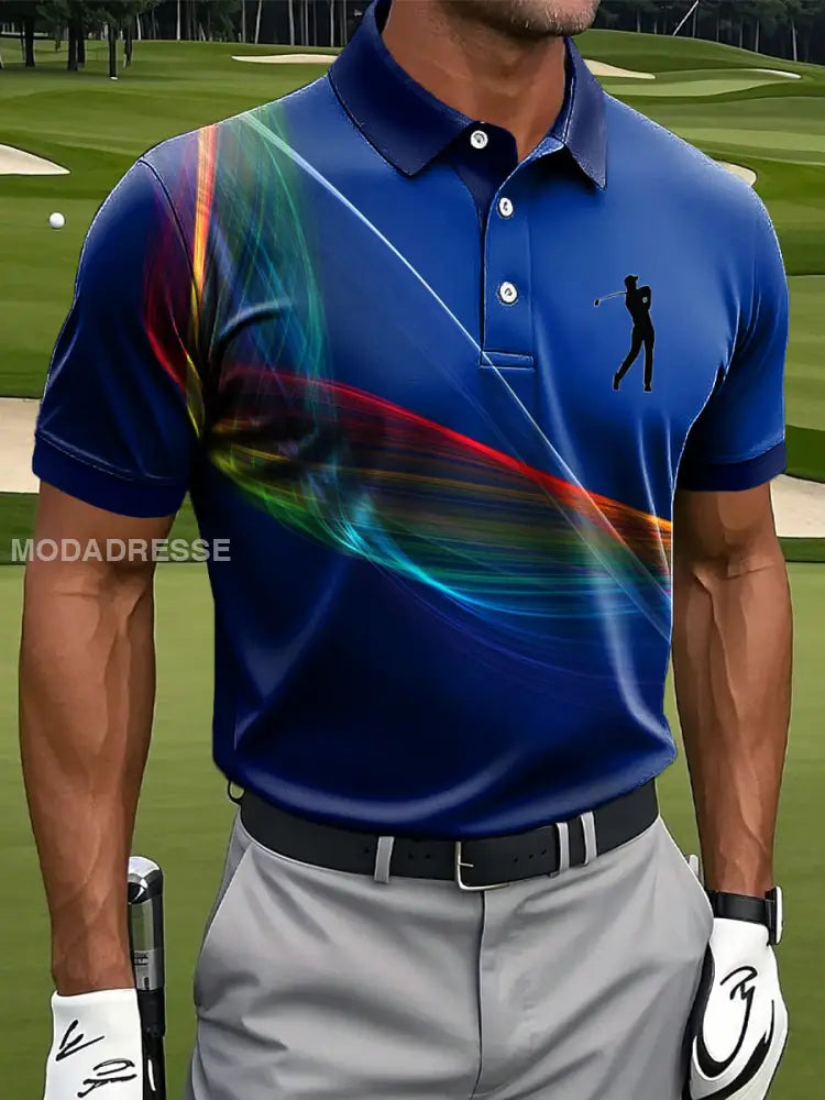Mäns Retro färgglada vågiga ränder Konstnärliga Print Casual Business Polo tröj flerlog / S
