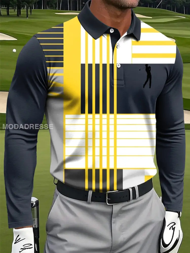 Mäns Retro färglinje Geometriska konst utskrift Casual Business lång ärm Polo tröj flerlog / S