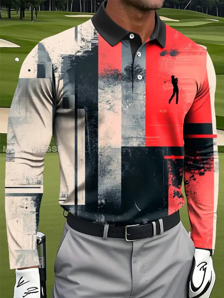 Mäns Retro Geometriska Färgglada Bläck konst Skriv ut Casual Business långärmad Polo tröj S