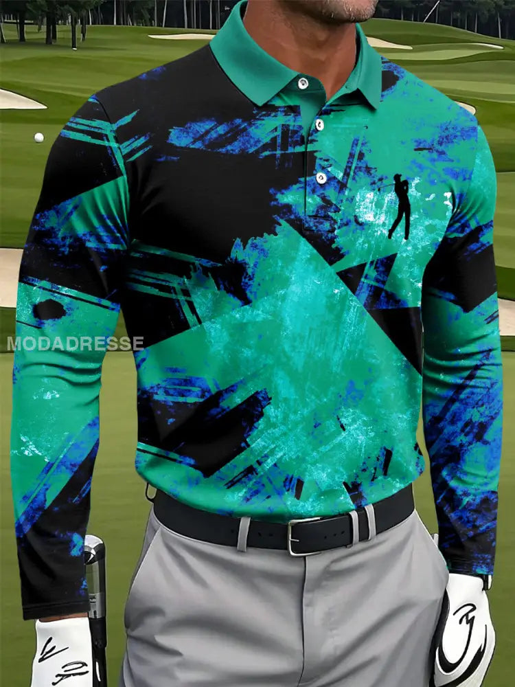 Mäns Retro Geometriska Graffiti Skriv ut Casual Business Långärmad Polo tröj flerlog / S