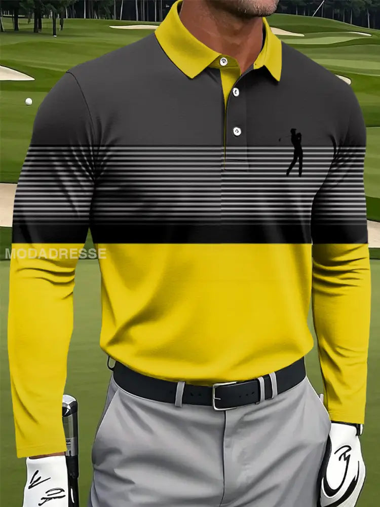 Mäns Retro Geometriska randiga lappverk Konst Skriv ut Casual Business långärmad Polo tröj S