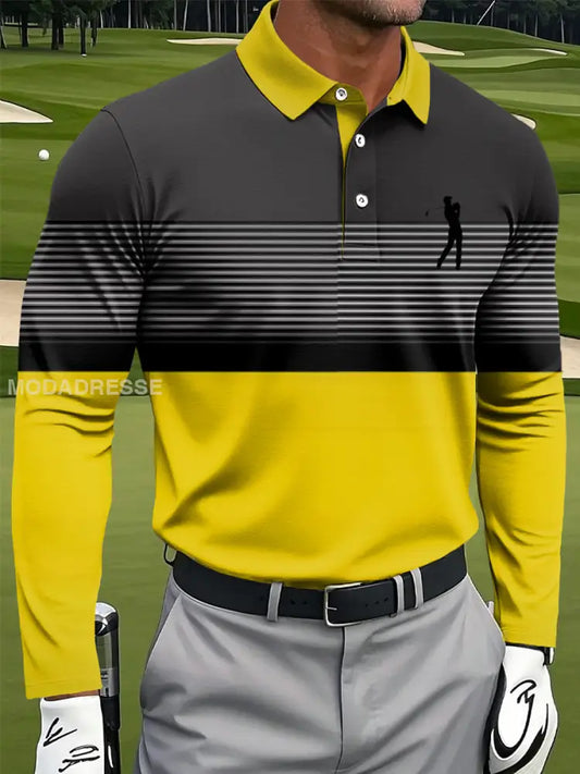 Mäns Retro Geometriska randiga lappverk Konst Skriv ut Casual Business långärmad Polo tröj S