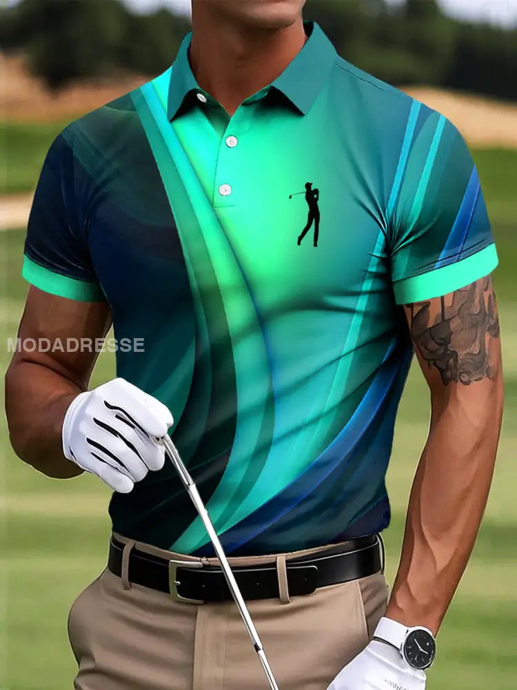 Mäns Retro Golf Gradient linje konst Skriv ut Casual Polo skjjorta flerlog / S