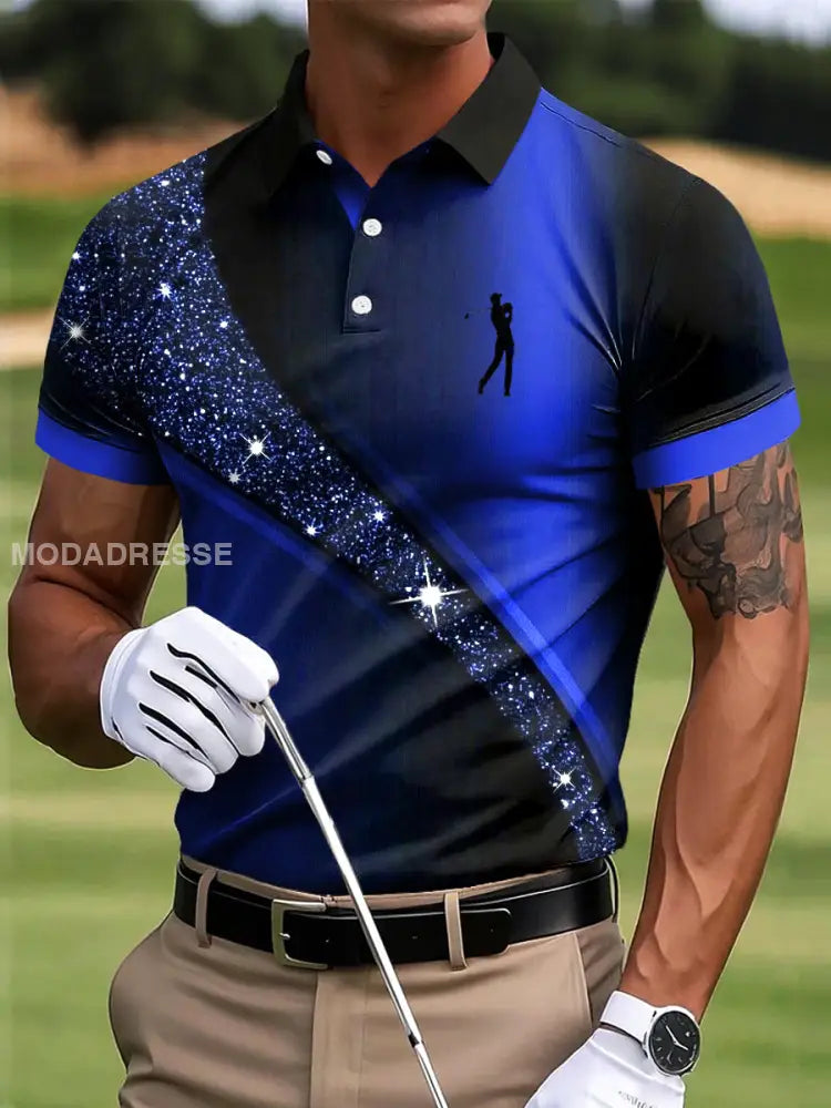 Mäns Retro Golf Gradient Shiny Art Print Casual Polo tröj flerlog / S