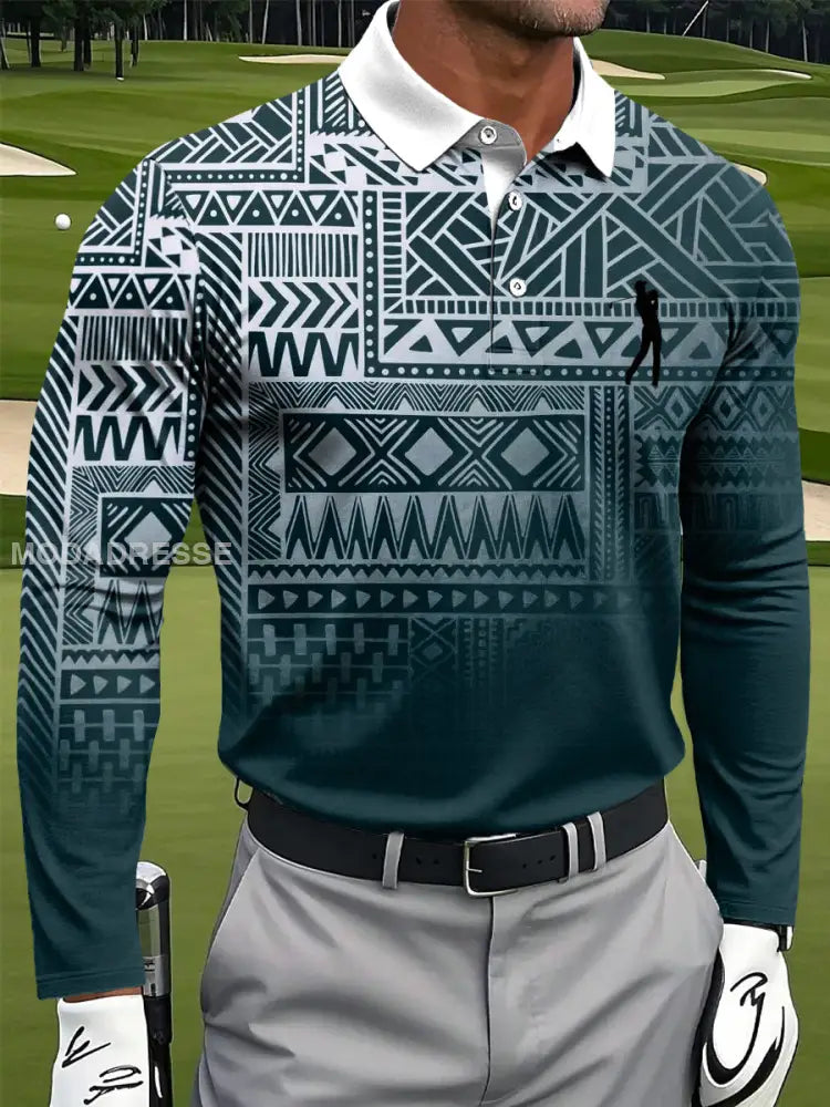 Mäns Retro Gradient Etnisk Geometrisk Konst Skriv ut Casual Business Långärmad Polo tröj S