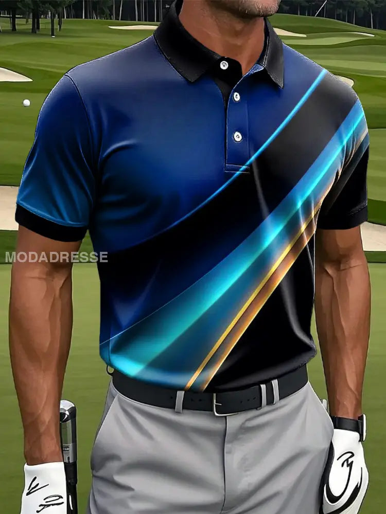 Mäns Retro Gradient Färg Block Räng Skriv ut Casual Business Polo tröj S