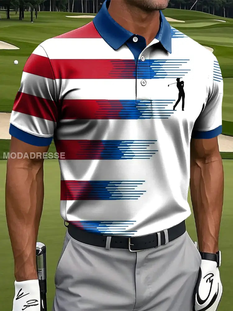 Mäns Retro Gradient Färg randig konstnärlig tryck Casual Business Polo tröj S