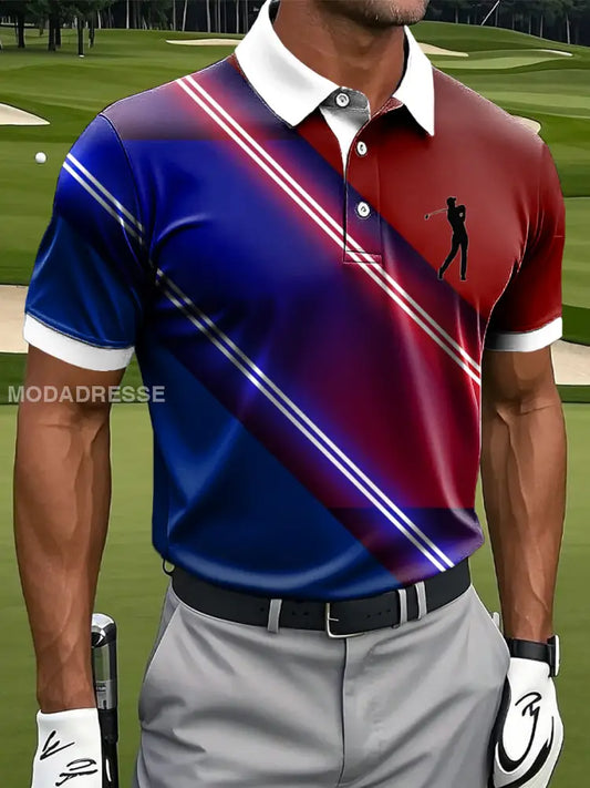 Mäns Retro Gradient färgglada ränder Konstnärliga Print Casual Business Polo tröj S