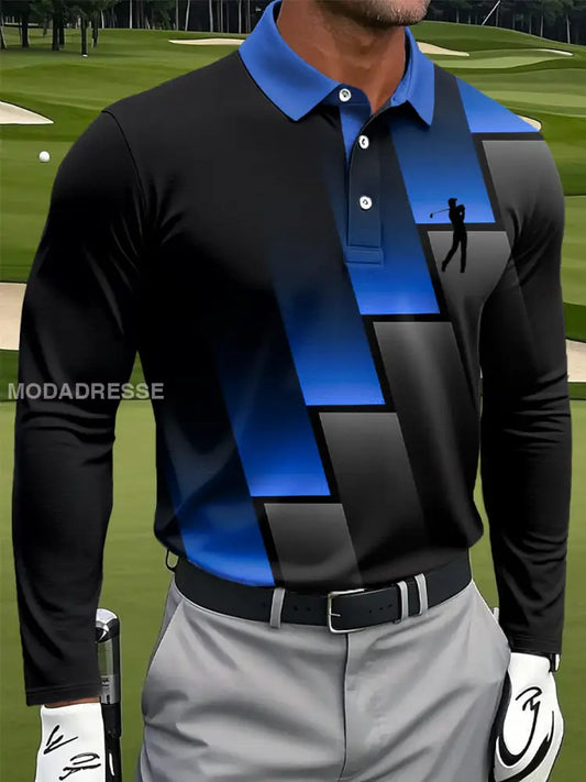 Mäns Retro Gradient Geometrisk konst Skriv ut Casual Business Lång ärm Polo tröj flerlog / S