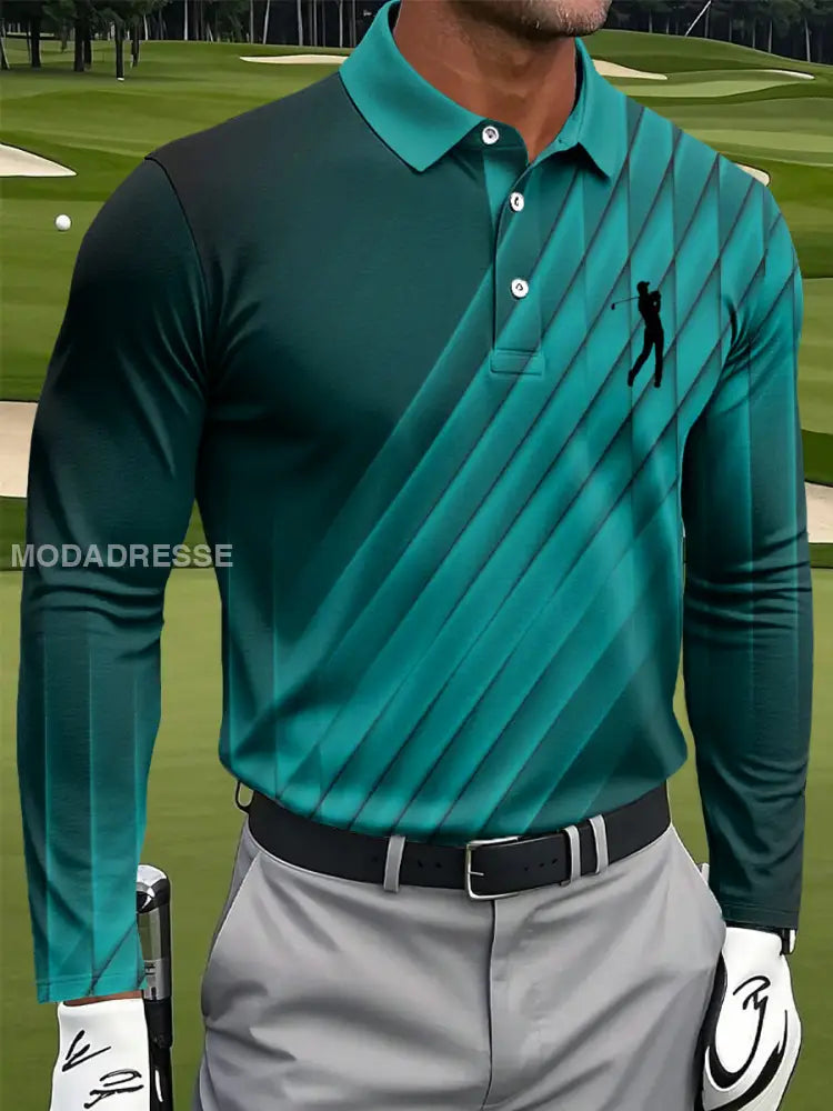 Mäns Retro Gradient Geometrisk textur tryckt Casual Business lång ärm Polo tröj flerlog / S