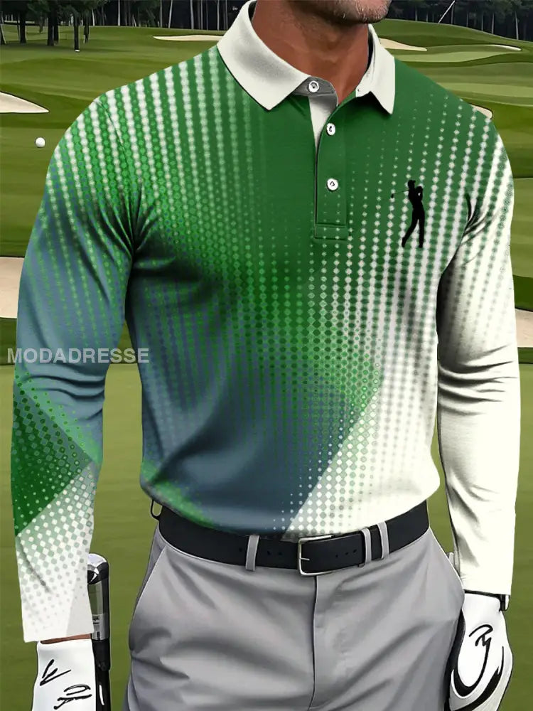 Mäns Retro Gradient Geometriska Skriv ut Casual Business Långärmad Polo tröj flerlog / S