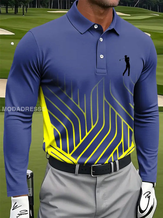 Mäns Retro Gradient linje konst Skriv ut Casual Business Lång ärm Polo tröj flerlog / S