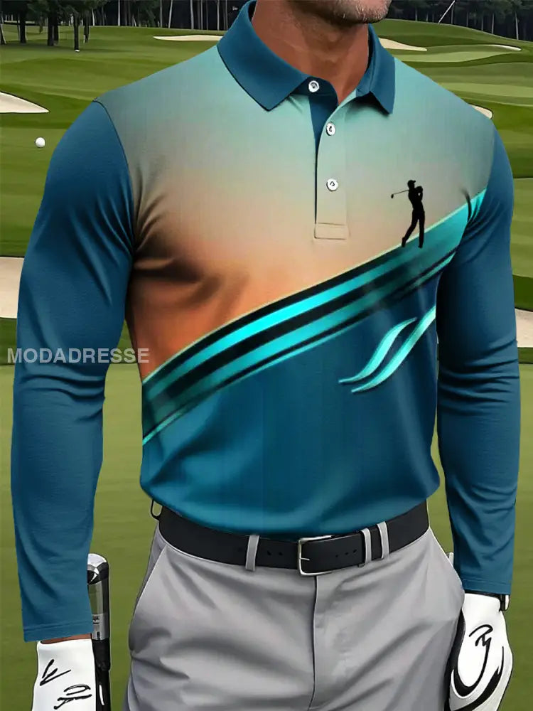 Mäns Retro Gradient linje konst Skriv ut Casual långärmad Polo tröj flerlog / S