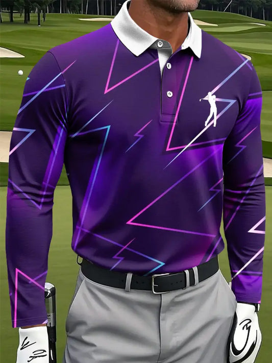 Mäns Retro Gradient linjer Geometriska Skriv ut Casual Business Långärmad Polo tröj flerlog / S