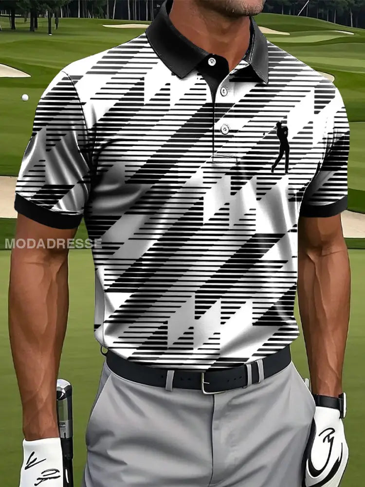 Mäns Retro Gradient Stripad konst Skriv ut Casual Business Polo tröj S