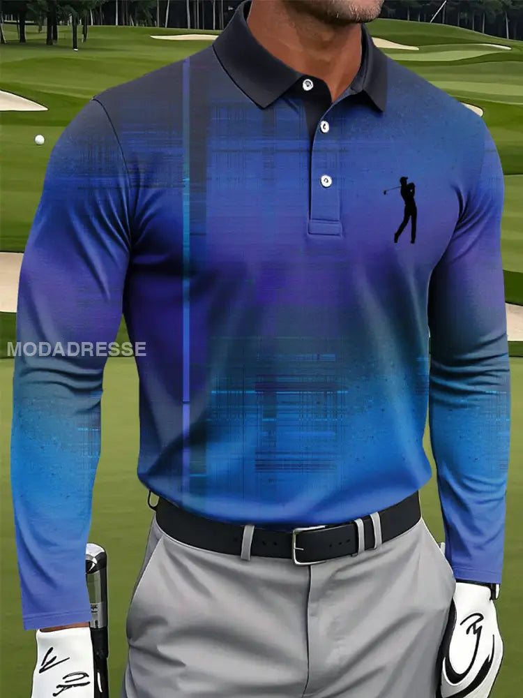 Mäns Retro Gradient Textur Konst Skriv ut Casual Lång ärm Polo tröj flerlog / S