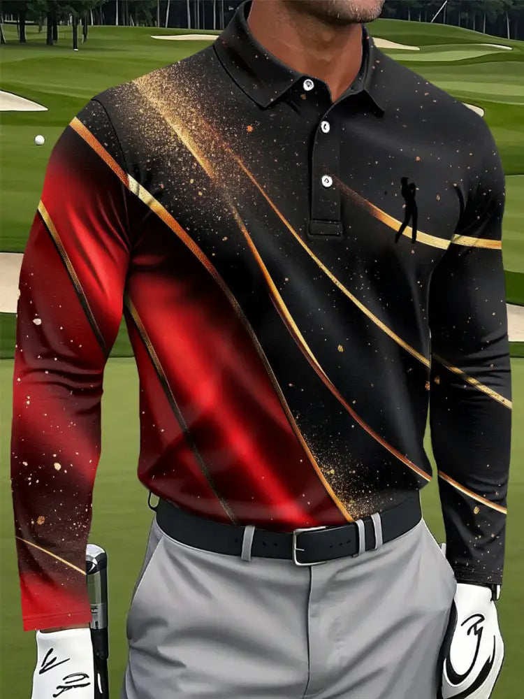 Mäns Retro guldrändiga textured Print Casual Business Långärmad Polo tröj flerlog / S