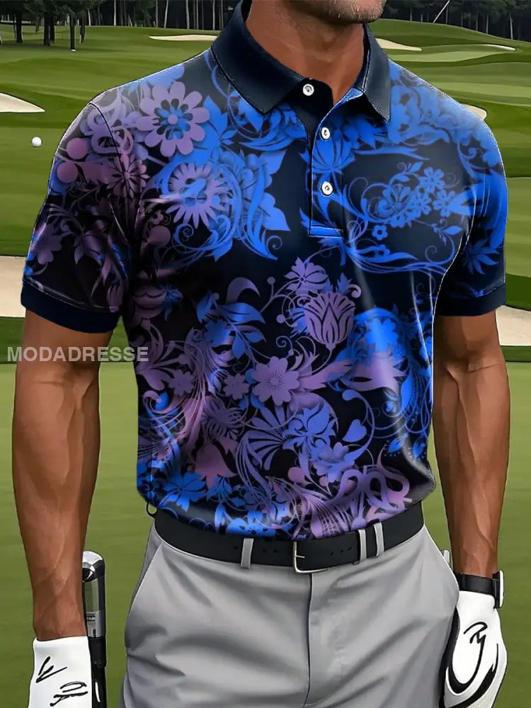 Mäns Retro Hawaiian Abstract Floral Art Print Casual Business Polo tröj S