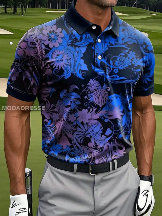 Mäns Retro Hawaiian Abstract Floral Art Print Casual Business Polo tröj S